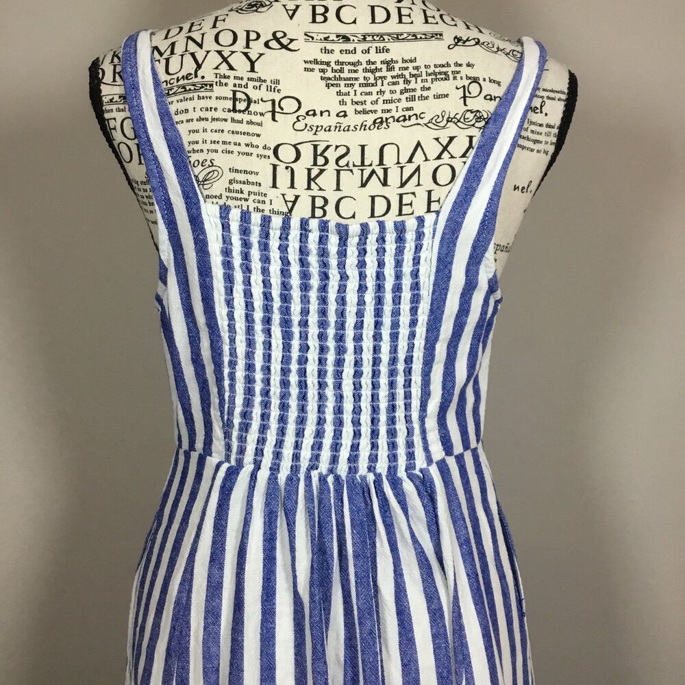 Linen blend maxi dress blue white stripe loveheart neckline smocked back sz S - Picture 6 of 8